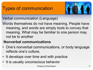 Types of communication
Verbal communication (Language)
Words themselves do not have meaning. People have
meaning, and words are simply tools to convey that
meaning. What may be familiar to one person may
not be to another
Nonverbal communications
• One’s nonverbal communications, or body language
reflects one’s culture,
• It develops over time and with practice
• It is usually unconscious behavior
Property of Gull Zareen

11

 