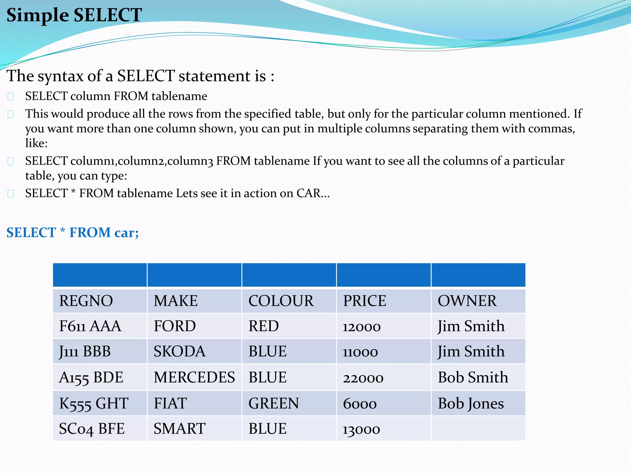 Simple SELECT 
The syntax of a SELECT statement is : 
SELECT column FROM tablename 
This would produce all the rows from the specified table, but only for the particular column mentioned. If 
you want more than one column shown, you can put in multiple columns separating them with commas, 
like: 
SELECT column1,column2,column3 FROM tablename If you want to see all the columns of a particular 
table, you can type: 
SELECT * FROM tablename Lets see it in action on CAR... 
SELECT * FROM car; 
REGNO MAKE COLOUR PRICE OWNER 
F611 AAA FORD RED 12000 Jim Smith 
J111 BBB SKODA BLUE 11000 Jim Smith 
A155 BDE MERCEDES BLUE 22000 Bob Smith 
K555 GHT FIAT GREEN 6000 Bob Jones 
SC04 BFE SMART BLUE 13000 
 