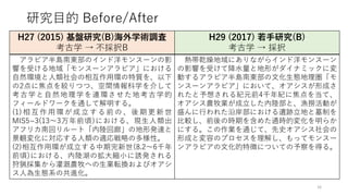 研究目的 Before/After
H27 (2015) 基盤研究(B)海外学術調査
考古学 → 不採択B
H29 (2017) 若手研究(B)
考古学 → 採択
アラビア半島南東部のインド洋モンスーンの影
響を受ける地域「モンスーンアラビア」における
自然環境と人類社会の相互作用環の特質を、以下
の2点に焦点を絞りつつ、空間情報科学を介して
考古学と自然地理学を連環させた地考古学的
フィールドワークを通して解明する。
(1) 相互作用環が成立する前の 、後期更新世
MIS5~3(13〜3万年前頃)における、現生人類出
アフリカ南回りルート「内陸回廊」の地形発達と
景観変化に対応する人類の適応戦略の多様性。
(2)相互作用環が成立する中期完新世(8.2〜6千年
前頃)における、内陸湖の拡大縮小に誘発される
狩猟採集から灌漑農牧への生業転換およびオアシ
ス人為生態系の共進化。
熱帯乾燥地域にありながらインド洋モンスーン
の影響を受けて降水量と地形がダイナミックに変
動するアラビア半島南東部の文化生態地理圏「モ
ンスーンアラビア」において、オアシスが形成さ
れたと予想される紀元前4千年紀に焦点を当て、
オアシス農牧業が成立した内陸部と、漁撈活動が
盛んに行われた沿岸部における遺跡立地と墓制を
比較し、前後の時期を含めた通時的変化を明らか
にする。この作業を通じて、先史オアシス社会の
形成と変容のプロセスを理解し、もってモンスー
ンアラビアの文化的特徴についての予察を得る。
16
 