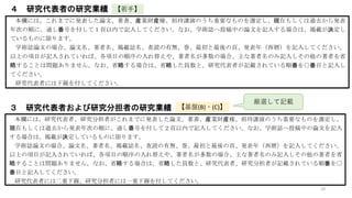 19
４ 研究代表者の研究業績
本欄には、これまでに発表した論文、著書、産業財産権、招待講演のうち重要なものを選定し、現在もしくは過去から発表
年次の順に、通し番号を付して１頁以内で記入してください。なお、学術誌へ投稿中の論文を記入する場合は、掲載が決定し
ているものに限ります。
学術誌論文の場合、論文名、著者名、掲載誌名、査読の有無、巻、最初と最後の頁、発表年（西暦）を記入してください。
以上の項目が記入されていれば、各項目の順序の入れ替えや、著者名が多数の場合、主な著者名のみ記入しその他の著者を省
略することは問題ありません。なお、省略する場合は、省略した員数と、研究代表者が記載されている順番を○番目と記入し
てください。
研究代表者には下線を付してください。 基盤研究（Ｃ）（一般）５
３ 研究代表者および研究分担者の研究業績
本欄には、研究代表者、研究分担者がこれまでに発表した論文、著書、産業財産権、招待講演のうち重要なものを選定し、
現在もしくは過去から発表年次の順に、通し番号を付して２頁以内で記入してください。なお、学術誌へ投稿中の論文を記入
する場合は、掲載が決定しているものに限ります。
学術誌論文の場合、論文名、著者名、掲載誌名、査読の有無、巻、最初と最後の頁、発表年（西暦）を記入してください。
以上の項目が記入されていれば、各項目の順序の入れ替えや、著者名が多数の場合、主な著者名のみ記入しその他の著者を省
略することは問題ありません。なお、省略する場合は、省略した員数と、研究代表者、研究分担者が記載されている順番を○
番目と記入してください。
研究代表者には二重下線、研究分担者には一重下線を付してください。
【基盤(B)・(C)】
【若手】
厳選して記載
 