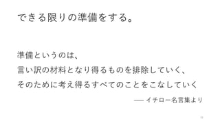 できる限りの準備をする。
準備というのは、
言い訳の材料となり得るものを排除していく、
そのために考え得るすべてのことをこなしていく
––– イチロー名言集より
21
 