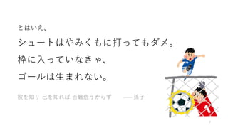 とはいえ、
シュートはやみくもに打ってもダメ。
枠に入っていなきゃ、
ゴールは生まれない。
彼を知り 己を知れば 百戦危うからず ––– 孫子
7
 