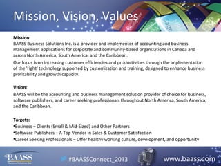 Mission, Vision, Values
Mission:
BAASS Business Solutions Inc. is a provider and implementer of accounting and business
management applications for corporate and community-based organizations in Canada and
across North America, South America, and the Caribbean.
Our focus is on increasing customer efficiencies and productivities through the implementation
of the 'right' technology supported by customization and training, designed to enhance business
profitability and growth capacity.
Vision:
BAASS will be the accounting and business management solution provider of choice for business,
software publishers, and career seeking professionals throughout North America, South America,
and the Caribbean.
Targets:
•Business – Clients (Small & Mid-Sized) and Other Partners
•Software Publishers – A Top Vendor in Sales & Customer Satisfaction
•Career Seeking Professionals – Offer healthy working culture, development, and opportunity

 