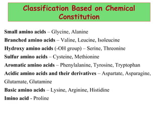 Classification Based on Chemical
Constitution
Small amino acids – Glycine, Alanine
Branched amino acids – Valine, Leucine, Isoleucine
Hydroxy amino acids (-OH group) – Serine, Threonine
Sulfur amino acids – Cysteine, Methionine
Aromatic amino acids – Phenylalanine, Tyrosine, Tryptophan
Acidic amino acids and their derivatives – Aspartate, Asparagine,
Glutamate, Glutamine
Basic amino acids – Lysine, Arginine, Histidine
Imino acid - Proline
 
