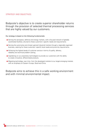 strateGy	and	objeCtives



    bodycote’s	objective	is	to	create	superior	shareholder	returns	
    through	the	provision	of	selected	thermal	processing	services		
    that	are	highly	valued	by	our	customers.

    Our strategy is based on the following fundamentals:	

    	   		 erving	the	aerospace,	defence	and	energy	markets,	with	a	focused	network	of	globally
         s
         coordinated	facilities,	attuned	to	these	customers’	specific	needs	and	requirements.

    	   		 erving	the	automotive	and	chosen	general	industrial	markets	through	a	regionally	organised
         s
         business,	catering	for	these	customers’	specific	local	needs	and	proximity	requirements.

    	   		 chieving	the	highest	levels	of	customer	service	in	terms	of	quality,	delivery,
         a
         reliability	and	technical	problem	solving.

    	   		 apitalising	on	our	proprietary	technologies	to	provide	our	customers	with	the	ability
         C
         to	create	innovative,	differentiated	products.

    	   		 igrating	technology,	over	time,	from	the	developed	markets	to	our	target	emerging	markets
         M
         with	an	emphasis	on	eastern	europe,	brazil	and	China.




    bodycote	aims	to	achieve	this	in	a	safe	working	environment
    and	with	minimal	environmental	impact.




	   8	 bodyCote	annual	report	2010				business	review	:	Corporate	GovernanCe	:	aCCounts
 