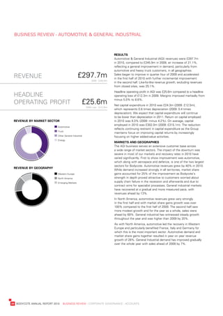 business	review	-	autoMotive	&	General	industrial



                                                                                     results
                                                                                     automotive	&	General	industrial	(aGi)	revenues	were	£297.7m	
                                                                                     in	2010,	compared	to	£245.9m	in	2009,	an	increase	of	21.1%,	
                                                                                     reflecting	a	general	improvement	in	demand,	particularly	from	
                                                                                     automotive	and	heavy	truck	customers,	in	all	geographies.	

     revenue                                          £297.7m                        sales	began	to	improve	in	quarter	four	of	2009	and	accelerated	
                                                                                     in	the	first	half	of	2010	with	further	incremental	improvement	
                                                                   2009	:	£245.9m	
                                                                                     in	the	second	half.	like-for-like	revenue	growth,	excluding	revenues	
                                                                                     from	closed	sites,	was	25.1%.
                                                                                     Headline	operating	profit	in	aGi	was	£25.6m	compared	to	a	headline	
     headline                                                                        operating	loss	of	£12.3m	in	2009.	Margins	improved	markedly	from	

     operating profit                                     £25.6m                     minus	5.0%	to	8.6%.
                                                                                     net	capital	expenditure	in	2010	was	£24.3m	(2009:	£12.5m),	
                                                              2009	loss	:	£(12.3)m
                                                                                     which	represents	0.8	times	depreciation	(2009:	0.4	times	
                                                                                     depreciation).	we	expect	that	capital	expenditure	will	continue	
                                                                                     to	be	lower	than	depreciation	in	2011.	return	on	capital	employed	
     revenue	By	market	seCtor                                                        in	2010	was	9.3%	(2009:	minus	4.2%).	on	average,	capital	
                                                                                     employed	in	2010	was	£302.0m	(2009:	£315.1m).	the	reduction	
                                  	automotive
                                                                                     reflects	continuing	restraint	in	capital	expenditure	as	the	Group	
                                  	truck
                                                                                     maintains	focus	on	improving	capital	returns	by	increasingly	
                                  	other	General	industrial                          focusing	on	higher	added-value	activities.
                                  	energy
                                                                                     markets	anD	geographies
                                                                                     the	aGi	business	serves	an	extensive	customer	base	across	
                                                                                     a	wide	range	of	market	sectors.	the	impact	of	the	downturn	was	
                                                                                     severe	in	most	of	our	markets	and	recovery	rates	in	2010	have	
                                                                                     varied	significantly.	First	to	show	improvement	was	automotive,	
                                                                                     which	along	with	aerospace	and	defence,	is	one	of	the	two	largest	
                                                                                     sectors	for	bodycote.	automotive	revenues	grew	by	40%	in	2010.	
     revenue	By	geography
                                                                                     while	demand	increased	strongly	in	all	territories,	market	share	
                                  	western	europe                                    gains	accounted	for	25%	of	the	improvement	as	bodycote’s	
                                  	north	america                                     strength	in	depth	proved	attractive	to	customers	worried	about	
                                  	emerging	Markets                                  supply	chain	failure	in	the	recession	and	afterwards	and	due	to	
                                                                                     contract	wins	for	specialist	processes.	General	industrial	markets	
                                                                                     have	recovered	at	a	gradual	and	more	measured	pace,	with	
                                                                                     revenues	ahead	by	13%.
                                                                                     in	north	america,	automotive	revenues	grew	very	strongly	
                                                                                     in	the	first	half	and	with	market	share	gains	growth	was	over	
                                                                                     100%	compared	to	the	first	half	of	2009.	the	second	half	saw	
                                                                                     more	modest	growth	and	for	the	year	as	a	whole,	sales	were	
                                                                                     ahead	by	69%.	General	industrial	has	witnessed	steady	growth	
                                                                                     throughout	the	year	and	was	higher	than	2009	by	20%.
                                                                                     as	with	north	america,	automotive	led	the	recovery	in	western	
                                                                                     europe	and	particularly	benefited	France,	italy	and	Germany	for	
                                                                                     which	this	is	the	most	important	sector.	automotive	demand	and	
                                                                                     market	share	gains	together	resulted	in	year	on	year	revenue	
                                                                                     growth	of	28%.	General	industrial	demand	has	improved	gradually	
                                                                                     over	the	whole	year	with	sales	ahead	of	2009	by	7%.




	   20	 bodyCote	annual	report	2010				business	review	:	Corporate	GovernanCe	:	aCCounts
 