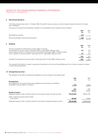 notes	to	tHe	Consolidated	FinanCial	stateMents
     year	ended	31	deCeMber	2010




     8.   Discontinued	operations


          the	testing	business	was	sold	on	17	october	2008.	during	2010	various	provisions,	primarily	relating	to	taxation	arising	from	the	sale	
          were	reassessed.
          the	results	of	the	discontinued	operations	included	in	the	consolidated	income	statement	were	as	follows:

                                                                                                                                	   2010 	      2009
                                                                                                                                	    £m 	        £m

          attributable	tax	expense                                                                                                   (5.8)           .–	

          net	loss	attributable	to	discontinued	operations                                                                           (5.8)           .–	



     9.   Dividends
                                                                                                                                	   2010 	      2009
                                                                                                                                	    £m 	        £m
          amounts	recognised	as	distributions	to	equity	holders	in	the	year:
          Final	dividend	for	the	year	ended	31	december	2009	of	5.35p	(2008:	5.35p)	per	share                                        9.9	           9.9	
          b	share	special	dividend	or	redemption	for	the	year	ended	31	december	2008	of	40.00p	per	share                              .–	           0.7	
          interim	dividend	for	the	year	ended	31	december	2010	of	2.95p	(2009:	2.95p)	per	share                                      5.5	           5.5	

                                                                                                                                    15.4	       16.1	

          proposed	final	dividend	for	the	year	ended	31	december	2010	of	5.75p	(2009:	5.35p)	per	share                              10.9	       10.1	


          the	proposed	final	dividend	is	subject	to	approval	by	shareholders	at	the	annual	General	Meeting	and	has	not	been	included	as	a	liability	
          in	these	financial	statements.



     10. earnings/(loss)	per	share

          the	calculation	of	the	basic	and	diluted	earnings/(loss)	per	share	is	based	on	the	following	data:

                                                                                                        	               2010 	                  2009
                                                                                                        	                £m 	                    £m
          earnings/(loss)
          earnings/(loss)	for	the	purpose	of	basic	earnings/(loss)	per	share	being	net	profit/(loss)	
          attributable	to	equity	holders	of	the	parent                                                                  27.6	                   (50.1)


                                                                                                        	              2010 	                  2009
                                                                                                        	            number 	                number
          number	of	shares
          weighted	average	number	of	ordinary	shares	for	the	purpose	of	basic	earnings	per	share        	       185,543,260 	           185,557,762

          effect	of	dilutive	potential	ordinary	shares:
            share	options                                                                               	           180,586 	                 16,466

          weighted	average	number	of	ordinary	shares	for	the	purpose	of	diluted	earnings	per	share 	            185,723,846 	           185,574,228




	   64	 bodyCote	annual	report	2010				business	review	:	Corporate	GovernanCe	:	aCCounts
 