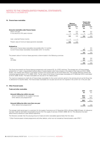 notes	to	tHe	Consolidated	FinanCial	stateMents
     year	ended	31	deCeMber	2010




     16. finance	lease	receivables	
                                                                                                                                          					present	value	
                                                                                                                					minimum	              					of	minimum	
                                                                                                           					lease	payments          					lease	payments
                                                                                                       	        2010 	       2009 	          2010 	        2009
                                                                                                       	           £m 	       £m 	              £m 	        £m
         amounts	receivable	under	finance	leases:
          within	one	year                                                                                      0.4	          0.4	           0.4	           0.4	
          in	the	second	to	fifth	years	inclusive                                                                .–	          0.5	            .–	           0.5	

                                                                                                               0.4	          0.9	           0.4	           0.9	

           less:	unearned	finance	income                                                                         .–	          .–	

           present	value	of	minimum	lease	payments	receivable                                                  0.4	          0.9	


         analysed	as:
           non-current	finance	lease	receivables	(recoverable	after	12	months)                                                               .–	           0.5	
           Current	finance	lease	receivables	(recoverable	within	12	months)                                                                 0.4	           0.4	

                                                                                                                                            0.4	           0.9	

         the	present	value	of	minimum	lease	payments	is	denominated	in	the	following	currencies:

           euro                                                                                                                             0.2	           0.6	
           us	dollar                                                                                                                        0.2	           0.3	

                                                                                                                                            0.4	           0.9	



         the	Group	has	entered	into	finance	leasing	arrangements	with	ionbond	aG,	for	3	pvd	machines.	the	average	term	of	finance	leases	
         entered	into	is	7	years.	unguaranteed	residual	values	of	assets	leased	under	finance	leases	at	the	balance	sheet	date	are	£0.4m	(2009:	
         £0.9m).	the	interest	rate	inherent	in	the	leases	is	fixed	at	the	contract	date	for	the	entire	lease	term.	the	average	effective	interest	rate	
         contracted	approximates	to	4.7%	(2009:	4.5%).	the	fair	value	of	the	Group’s	finance	lease	receivables	at	31	december	2010	is	estimated	
         at	£0.4m	(2009:	£0.9m).	the	lease	receivables	are	secured	on	the	related	assets.
         the	maximum	exposure	to	credit	risk	of	finance	lease	receivables	for	the	current	and	prior	period	is	the	carrying	amount	as	the	Group	has	
         no	allowance	for	doubtful	debts.	the	finance	lease	receivables	are	not	past	due	and	are	not	impaired	in	the	current	nor	in	the	prior	year.



     17. other	financial	assets

         trade	and	other	receivables
                                                                                                                                    	      2010 	        2009
                                                                                                                                    	       £m 	          £m
           amounts	falling	due	within	one	year:
            amount	receivable	for	the	supply	of	services                                                                                   85.3	         71.9	
            other	debtors	and	prepayments*                                                                                                 13.9	         19.2	

                                                                                                                                           99.2	         91.1	

           amounts	falling	due	after	more	than	one	year:
            other	debtors	and	prepayments*                                                                                                  2.6	           3.0	



         the	average	credit	period	given	to	customers	for	the	supply	of	services	as	at	31	december	2010	is	59	days	(2009:	63	days).	an	allowance	
         has	been	made	for	estimated	irrecoverable	amounts	from	the	supply	of	services	of	£6.9m	(2009:	£8.1m).	this	allowance	has	been	
         determined	by	reference	to	past	default	experience.
         the	directors	consider	that	the	carrying	amount	of	trade	and	other	receivables	approximates	their	fair	value.
         *	other	financial	assets	include	prepayments	and	other	debtors,	which	are	not	included	as	financial	assets	under	iFrs	7.




	   70	 bodyCote	annual	report	2010				business	review	:	Corporate	GovernanCe	:	aCCounts
 