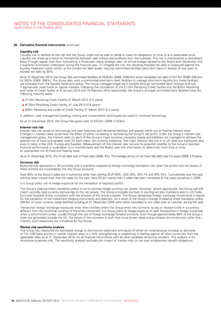 notes	to	tHe	Consolidated	FinanCial	stateMents
     year	ended	31	deCeMber	2010




     20. Derivative	financial	instruments	continued

         liquidity	risk
         liquidity	risk	is	defined	as	the	risk	that	the	Group	might	not	be	able	to	settle	or	meet	its	obligations	on	time	or	at	a	reasonable	price.	
         liquidity	risk	arises	as	a	result	of	mismatches	between	cash	inflows	and	outflows	from	the	business.	this	risk	is	monitored	on	a	centralised	
         basis	through	regular	cash	flow	forecasting,	a	three-year	rolling	strategic	plan,	an	annual	budget	agreed	by	the	board	each	december	and	
         a	quarterly	re-forecast	undertaken	during	the	financial	year.	to	mitigate	the	risk,	the	resulting	forecast	net	debt	is	measured	against	the	
         liquidity	headroom	policy	which,	at	the	current	net	debt	levels,	requires	committed	facilities	(plus	term	loans	in	excess	of	one	year)	to	
         exceed	net	debt	by	50%.
         as	at	31	december	2010,	the	Group	had	committed	facilities	of	£230.9m	(2009:	£348.5m)	which	exceeded	net	debt	of	£51.3m	(2009:	£85.5m)	
         by	350%	(2009:	308%).	the	Group	also	uses	uncommitted	short-term	bank	facilities	to	manage	short-term	liquidity	but	these	facilities	
         are	excluded	from	the	liquidity	headroom	policy.	the	Group	manages	longer-term	liquidity	through	committed	bank	facilities	and	will,	
         if	appropriate,	raise	funds	on	capital	markets.	Following	the	completion	of	the	£110m	revolving	Credit	Facility	and	the	$20m	revolving	
         and	letter	of	Credit	facility	on	8	january	2010	and	18	February	2010	respectively,	the	Group’s	principal	committed	bank	facilities	have	the	
         following	maturity	dates:

         	   	£110m	revolving	Credit	Facility	31	March	2013	(2.2	years)
         	   	€125m	revolving	Credit	Facility	31	july	2013	(2.6	years)
         	   	$20m	revolving	and	letter	of	Credit	Facility	31	March	2013	(2.2	years)

         in	addition,	cash	management	pooling,	netting	and	concentration	techniques	are	used	to	minimise	borrowings.
         as	at	31	december	2010,	the	Group	had	gross	cash	of	£23.5m	(2009:	£19.6m).

         interest	rate	risk
         interest	rate	risk	arises	on	borrowings	and	cash	balances	(and	derivative	liabilities	and	assets)	which	are	at	floating	interest	rates.	
         Changes	in	interest	rates	could	have	the	effect	of	either	increasing	or	decreasing	the	Group’s	net	profit.	under	the	Group’s	interest	rate	
         management	policy,	the	interest	rates	on	each	of	the	Group’s	major	currency	monetary	assets	and	liabilities	are	managed	to	achieve	the	
         desired	mix	of	fixed	and	variable	rates	for	each	major	net	currency	exposure.	the	major	interest	rate	risk	is	to	uK	rates	but	exposures	also	
         exist	to	rates	in	the	usa,	europe	and	sweden.	Measurement	of	this	interest	rate	risk	and	its	potential	volatility	to	the	Group’s	reported	
         financial	performance	is	undertaken	on	a	monthly	basis	and	the	board	uses	this	information	to	determine,	from	time	to	time,	
         an	appropriate	mix	of	fixed	and	floating	rates.
         as	at	31	december	2010,	3%	of	net	debt	was	at	fixed	rates	(2009:	3%).	the	average	tenure	of	the	fixed	rate	debt	was	5.2	years	(2009:	3.9	years).

         Currency	risk
         bodycote	has	operations	in	26	countries	and	is	therefore	exposed	to	foreign	exchange	translation	risk	when	the	profits	and	net	assets	of	
         these	entities	are	consolidated	into	the	Group	accounts.
         over	89%	of	the	Group’s	sales	are	in	currencies	other	than	sterling	(eur	38%,	usd	29%,	seK	7%	and	brl	5%).		Cumulatively	over	the	year,	
         sterling	rates	moved	such	that	the	sales	for	the	year	were	£0.3m	worse	than	if	sales	had	been	translated	at	the	rates	prevailing	in	2009.
         it	is	Group	policy	not	to	hedge	exposure	for	the	translation	of	reported	profits.
         the	Group’s	balance	sheet	translation	policy	is	not	to	actively	hedge	currency	net	assets.	However,	where	appropriate,	the	Group	will	still	
         match	centrally	held	currency	borrowings	to	the	net	assets.	the	Group	principally	borrows	in	sterling	but	also	maintains	debt	in	us	dollar,	
         euro	and	swedish	Krona,	consistent	with	the	location	of	the	Group’s	assets.	the	Group	recognises	foreign	exchange	movements	in	equity	
         for	the	translation	of	net	investment	hedging	instruments	and	balances.	as	a	result	of	the	Group’s	change	of	balance	sheet	translation	policy,	
         £84.6m	of	cross	currency	swap	liabilities	existing	at	31	december	2009	were	either	cancelled	or	not	rolled	over	at	maturity,	during	the	year.
          transaction	foreign	exchange	exposures	arise	when	entities	within	the	Group	enter	into	contracts	to	pay	or	receive	funds	in	a	currency	
          different	from	the	functional	currency	of	the	entity	concerned.	it	is	Group	policy	to	hedge	exposure	to	cash	transactions	in	foreign	currencies	
          when	a	commitment	arises,	usually	through	the	use	of	foreign	exchange	forward	contracts.	even	though	approximately	89%	of	the	Group’s	
          sales	are	generated	outside	the	uK,	the	nature	of	the	business	is	such	that	cross	border	sales	and	purchases	are	limited	and,	other	than	
          interest,	such	exposures	are	immaterial	for	the	Group.

          market	risk	sensitivity	analysis
          the	Group	has	measured	the	estimated	charge	to	the	income	statement	and	equity	of	either	an	instantaneous	increase	or	decrease	
          of	1%	(100	basis	points)	in	market	interest	rates	or	a	10%	strengthening	or	weakening	in	sterling	against	all	other	currencies	from	the	
          applicable	rates	as	at	31	december	2010,	for	all	financial	instruments	with	all	other	variables	remaining	constant.	this	analysis	is	for	
          illustrative	purposes	only.	the	sensitivity	analysis	excludes	the	impact	of	market	risks	on	net	post	employment	benefit	obligations.




	   76	 bodyCote	annual	report	2010				business	review	:	Corporate	GovernanCe	:	aCCounts
 