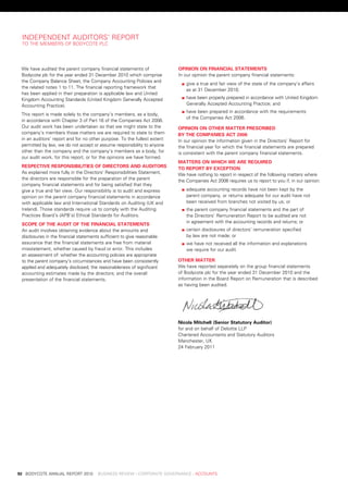 independent	auditors’	report
     to	tHe	MeMbers	oF	bodyCote	plC




     we	have	audited	the	parent	company	financial	statements	of	               opinion	on	finanCial	statements
     bodycote	plc	for	the	year	ended	31	december	2010	which	comprise	          in	our	opinion	the	parent	company	financial	statements:
     the	Company	balance	sheet,	the	Company	accounting	policies	and	
                                                                               	   		 ive	a	true	and	fair	view	of	the	state	of	the	company’s	affairs
                                                                                    g
     the	related	notes	1	to	11.	the	financial	reporting	framework	that	
                                                                                    as	at	31	december	2010;
     has	been	applied	in	their	preparation	is	applicable	law	and	united	
     Kingdom	accounting	standards	(united	Kingdom	Generally	accepted	          	   		 ave	been	properly	prepared	in	accordance	with	united	Kingdom	
                                                                                    h
     accounting	practice).                                                          Generally	accepted	accounting	practice;	and
                                                                               	   		 ave	been	prepared	in	accordance	with	the	requirements
                                                                                    h
     this	report	is	made	solely	to	the	company’s	members,	as	a	body,	
                                                                                    of	the	Companies	act	2006.
     in	accordance	with	Chapter	3	of	part	16	of	the	Companies	act	2006.	
     our	audit	work	has	been	undertaken	so	that	we	might	state	to	the	         opinion	on	other	matter	presCriBeD	
     company’s	members	those	matters	we	are	required	to	state	to	them	         By	the	Companies	aCt	2006
     in	an	auditors’	report	and	for	no	other	purpose.	to	the	fullest	extent	   in	our	opinion	the	information	given	in	the	directors’	report	for	
     permitted	by	law,	we	do	not	accept	or	assume	responsibility	to	anyone	    the	financial	year	for	which	the	financial	statements	are	prepared	
     other	than	the	company	and	the	company’s	members	as	a	body,	for	          is	consistent	with	the	parent	company	financial	statements.
     our	audit	work,	for	this	report,	or	for	the	opinions	we	have	formed.
                                                                               matters	on	whiCh	we	are	requireD	
     respeCtive	responsiBilities	of	DireCtors	anD	auDitors                     to	report	By	eXCeption
     as	explained	more	fully	in	the	directors’	responsibilities	statement,	    we	have	nothing	to	report	in	respect	of	the	following	matters	where	
     the	directors	are	responsible	for	the	preparation	of	the	parent	          the	Companies	act	2006	requires	us	to	report	to	you	if,	in	our	opinion:
     company	financial	statements	and	for	being	satisfied	that	they	
     give	a	true	and	fair	view.	our	responsibility	is	to	audit	and	express	    	   		 dequate	accounting	records	have	not	been	kept	by	the
                                                                                    a
     opinion	on	the	parent	company	financial	statements	in	accordance	              parent	company,	or	returns	adequate	for	our	audit	have	not	
     with	applicable	law	and	international	standards	on	auditing	(uK	and	           been	received	from	branches	not	visited	by	us;	or
     ireland).	those	standards	require	us	to	comply	with	the	auditing	         	   		 he	parent	company	financial	statements	and	the	part	of
                                                                                    t
     practices	board’s	(apb’s)	ethical	standards	for	auditors.                      the	directors’	remuneration	report	to	be	audited	are	not	
                                                                                    in	agreement	with	the	accounting	records	and	returns;	or
     sCope	of	the	auDit	of	the	finanCial	statements
     an	audit	involves	obtaining	evidence	about	the	amounts	and	               	   		 ertain	disclosures	of	directors’	remuneration	specified
                                                                                    c
     disclosures	in	the	financial	statements	sufficient	to	give	reasonable	         by	law	are	not	made;	or
     assurance	that	the	financial	statements	are	free	from	material	           	   		 e	have	not	received	all	the	information	and	explanations
                                                                                    w
     misstatement,	whether	caused	by	fraud	or	error.	this	includes	                 we	require	for	our	audit.
     an	assessment	of:	whether	the	accounting	policies	are	appropriate	
     to	the	parent	company’s	circumstances	and	have	been	consistently	         other	matter
     applied	and	adequately	disclosed;	the	reasonableness	of	significant	      we	have	reported	separately	on	the	group	financial	statements	
     accounting	estimates	made	by	the	directors;	and	the	overall	              of	bodycote	plc	for	the	year	ended	31	december	2010	and	the	
     presentation	of	the	financial	statements.                                 information	in	the	board	report	on	remuneration	that	is	described	
                                                                               as	having	been	audited.




                                                                               nicola	mitchell	(senior	statutory	auditor)
                                                                               for	and	on	behalf	of	deloitte	llp	
                                                                               Chartered	accountants	and	statutory	auditors		
                                                                               Manchester,	uK	
                                                                               24	February	2011




	   92	 bodyCote	annual	report	2010				business	review	:	Corporate	GovernanCe	:	aCCounts
 