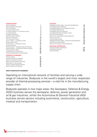 Business	review                                                   aCCounts
    Financial	Highlights	                                 1           independent	auditors’	report	-	Group	Financial	statements	     46
    what	is	bodycote’s	business?	                         2           Consolidated	income	statement	                                 47
    Core	technologies	                                    3           Consolidated	statement	of	Comprehensive	income	                47
    the	outsourcing	principle	                            4           Consolidated	balance	sheet	                                    48
    on	solid	Foundations	–	a	component	journey	           5	          Consolidated	Cash	Flow	statement	                              49
    our	Global	network	                                   6           C
                                                                      	 onsolidated	statement	of	Changes	in	equity	                  50
    strategy	and	objectives	                              8           Group	accounting	policies	                                     51
    Key	performance	indicators	                           9           n
                                                                      	 otes	to	the	Consolidated	Financial	statements	               56
    Chairman’s	statement	                                10           Five	year	summary	                                             90
    Chief	executive’s	review	                            12           Company	balance	sheet	                                         91
    down	to	earth	–	a	component	journey	                 14           i
                                                                      	ndependent	auditors’	report	–	Company	Financial	statements	   92
    business	performance	                                15           C
                                                                      	 ompany	accounting	policies	                                  93
    powder	power	–	a	component	journey	                  16           notes	to	the	Company	Financial	statements	                     94
    business	overview	                                   17
                                                                      aDDitional	information
    business	review	–	aerospace,	defence	&	energy	       18
                                                                      principal	subsidiary	undertakings	                              99
    business	review	–	automotive	&	General	industrial	   20
                                                                      shareholder	information	                                       101
    Finance	director’s	report	                           22
                                                                      Financial	Calendar	                                            102
    principal	risks	and	uncertainties	                   26
    Corporate	responsibility	and	sustainability	         28

    Corporate	governanCe
    directors’	report	                                   32
    Corporate	Governance	statement	                      34
    report	of	the	audit	Committee	                       36
    report	of	the	nomination	Committee	                  38
    board	report	on	remuneration	                        39
    directors’	responsibilities	statement	               44
    board	of	directors	and	advisers	                     45



    what	is	BoDyCote’s	Business?


    operating	an	international	network	of	facilities	and	serving	a	wide	
    range	of	industries,	bodycote	is	the	world’s	largest	and	most	respected	
    provider	of	thermal	processing	services	–	a	vital	link	in	the	manufacturing	
    supply	chain.
    bodycote	operates	in	two	major	areas:	the	aerospace,	defence	&	energy	
    (ade)	business	serves	the	aerospace,	defence,	power	generation	and	
    oil	&	gas	industries,	whilst	the	automotive	&	General	industrial	(aGi)	
    business	serves	sectors	including	automotive,	construction,	agriculture,	
    medical	and	transportation.




	   2	 bodyCote	annual	report	2010				business	review	:	Corporate	GovernanCe	:	aCCounts
 