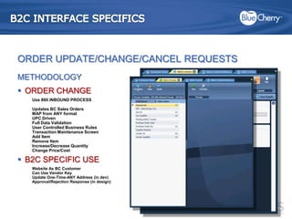B2C INTERFACE SPECIFICSORDER UPDATE/CHANGE/CANCEL REQUESTSMETHODOLOGYORDER CHANGEUse 860 INBOUND PROCESSUpdates BC Sales OrdersMAP from ANY formatUPC DrivenFull Data ValidationUser Controlled Business RulesTransaction Maintenance ScreenAdd ItemRemove ItemIncrease/Decrease QuantityChange Price/CostB2C SPECIFIC USEWebsite As BC Customer Can Use Vendor KeyUpdate One-Time-ANY Address (in dev)Approval/Rejection Response (in design)