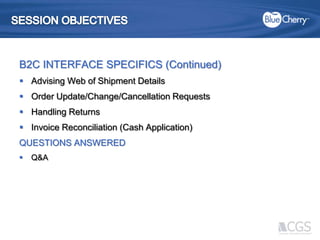 SESSION OBJECTIVESB2C INTERFACE SPECIFICS (Continued)Advising Web of Shipment DetailsOrder Update/Change/Cancellation RequestsHandling ReturnsInvoice Reconciliation (Cash Application)QUESTIONS ANSWEREDQ&A