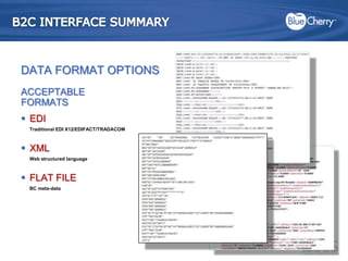 B2C INTERFACE SUMMARYDATA FORMAT OPTIONSACCEPTABLE FORMATSEDI Traditional EDI X12/EDIFACT/TRADACOMXML	Web structured language 	FLAT FILEBC meta-data