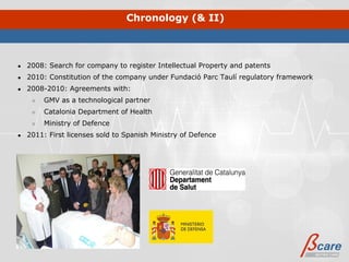 Chronology (& II)



●   2008: Search for company to register Intellectual Property and patents
●   2010: Constitution of the company under Fundació Parc Taulí regulatory framework
●   2008-2010: Agreements with:
     ○   GMV as a technological partner
     ○   Catalonia Department of Health
     ○   Ministry of Defence
●   2011: First licenses sold to Spanish Ministry of Defence
 