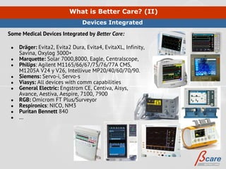 What is Better Care? (II)
                                Devices Integrated
Some Medical Devices Integrated by Better Care:

 ●   Dräger: Evita2, Evita2 Dura, Evita4, EvitaXL, Infinity,
     Savina, Oxylog 3000+
 ●   Marquette: Solar 7000,8000, Eagle, Centralscope,
 ●   Philips: Agilent M1165/66/67/75/76/77A CMS,
     M1205A V24 y V26, Intellivue MP20/40/60/70/90.
 ●   Siemens: Servo-i, Servo-s
 ●   Viasys: All devices with comm capabilities
 ●   General Electric: Engstrom CE, Centiva, Aisys,
     Avance, Aestiva, Aespire, 7100, 7900
 ●   RGB: Omicrom FT Plus/Surveyor
 ●   Respironics: NICO, NM3
 ●   Puritan Bennett 840
 ●   …
 