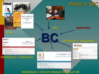 Wkład w Ś BC treści bibliotekarze i użytkownicy bibliotekarze i programiści bibliotekarze z różnych instytucji tworzących BC SPD użytkownicy 