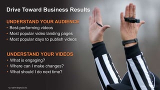 Drive Toward Business Results 
UNDERSTAND YOUR AUDIENCE 
• Best-performing videos 
• Most popular video landing pages 
• Most popular days to publish videos 
UNDERSTAND YOUR VIDEOS 
• What is engaging? 
• Where can I make changes? 
• What should I do next time? 
12 | ©2014 Brightcove Inc 
 