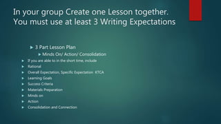 In your group Create one Lesson together.
You must use at least 3 Writing Expectations
 3 Part Lesson Plan
 Minds On/ Action/ Consolidation
 If you are able to in the short time, include
 Rational
 Overall Expectation, Specific Expectation KTCA
 Learning Goals
 Success Criteria
 Materials Preparation
 Minds on
 Action
 Consolidation and Connection
 