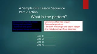 A Sample GRR Lesson Sequence
Part 2: action
What is the pattern?
Sometimes I feel like a bear,
Strong and confident.
I stand tall and growl
And protect those around me.
Sometimes I feel like a raven,
Dark and mysterious.
I am both messenger and secret keeper
And help bring light from darkness
Line 1: ___________
Line 2: ___________
Line 3: ___________
Line 4: ___________
 