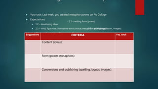 Your task: Last week, you created metaphor poems on Pic Collage
 Expectations:
 1.2 – developing ideas
 2.3 – vivid, figurative, innovative word choice (metaphorical language)
 3.6 – proofread for spelling, punctuation, grammar
Suggestions CRITERIA Yes, And!
Content (ideas):
Form (poem, metaphors):
Conventions and publishing (spelling, layout, images):
- 2.1 – writing form (poem)
- 3.7 - publishing (layout, images)
 