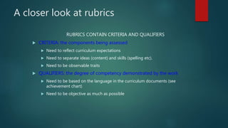 A closer look at rubrics
RUBRICS CONTAIN CRITERIA AND QUALIFIERS
 CRITERIA: the components being assessed
 Need to reflect curriculum expectations
 Need to separate ideas (content) and skills (spelling etc).
 Need to be observable traits
 QUALIFIERS: the degree of competency demonstrated by the work
 Need to be based on the language in the curriculum documents (see
achievement chart)
 Need to be objective as much as possible
 