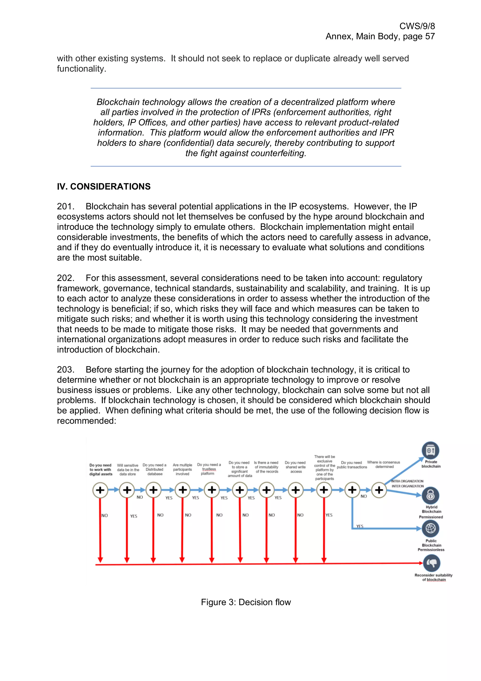CWS/9/8
Annex, Main Body, page 57
with other existing systems. It should not seek to replace or duplicate already well served
functionality.
Blockchain technology allows the creation of a decentralized platform where
all parties involved in the protection of IPRs (enforcement authorities, right
holders, IP Offices, and other parties) have access to relevant product-related
information. This platform would allow the enforcement authorities and IPR
holders to share (confidential) data securely, thereby contributing to support
the fight against counterfeiting.
IV. CONSIDERATIONS
201. Blockchain has several potential applications in the IP ecosystems. However, the IP
ecosystems actors should not let themselves be confused by the hype around blockchain and
introduce the technology simply to emulate others. Blockchain implementation might entail
considerable investments, the benefits of which the actors need to carefully assess in advance,
and if they do eventually introduce it, it is necessary to evaluate what solutions and conditions
are the most suitable.
202. For this assessment, several considerations need to be taken into account: regulatory
framework, governance, technical standards, sustainability and scalability, and training. It is up
to each actor to analyze these considerations in order to assess whether the introduction of the
technology is beneficial; if so, which risks they will face and which measures can be taken to
mitigate such risks; and whether it is worth using this technology considering the investment
that needs to be made to mitigate those risks. It may be needed that governments and
international organizations adopt measures in order to reduce such risks and facilitate the
introduction of blockchain.
203. Before starting the journey for the adoption of blockchain technology, it is critical to
determine whether or not blockchain is an appropriate technology to improve or resolve
business issues or problems. Like any other technology, blockchain can solve some but not all
problems. If blockchain technology is chosen, it should be considered which blockchain should
be applied. When defining what criteria should be met, the use of the following decision flow is
recommended:
Figure 3: Decision flow
 