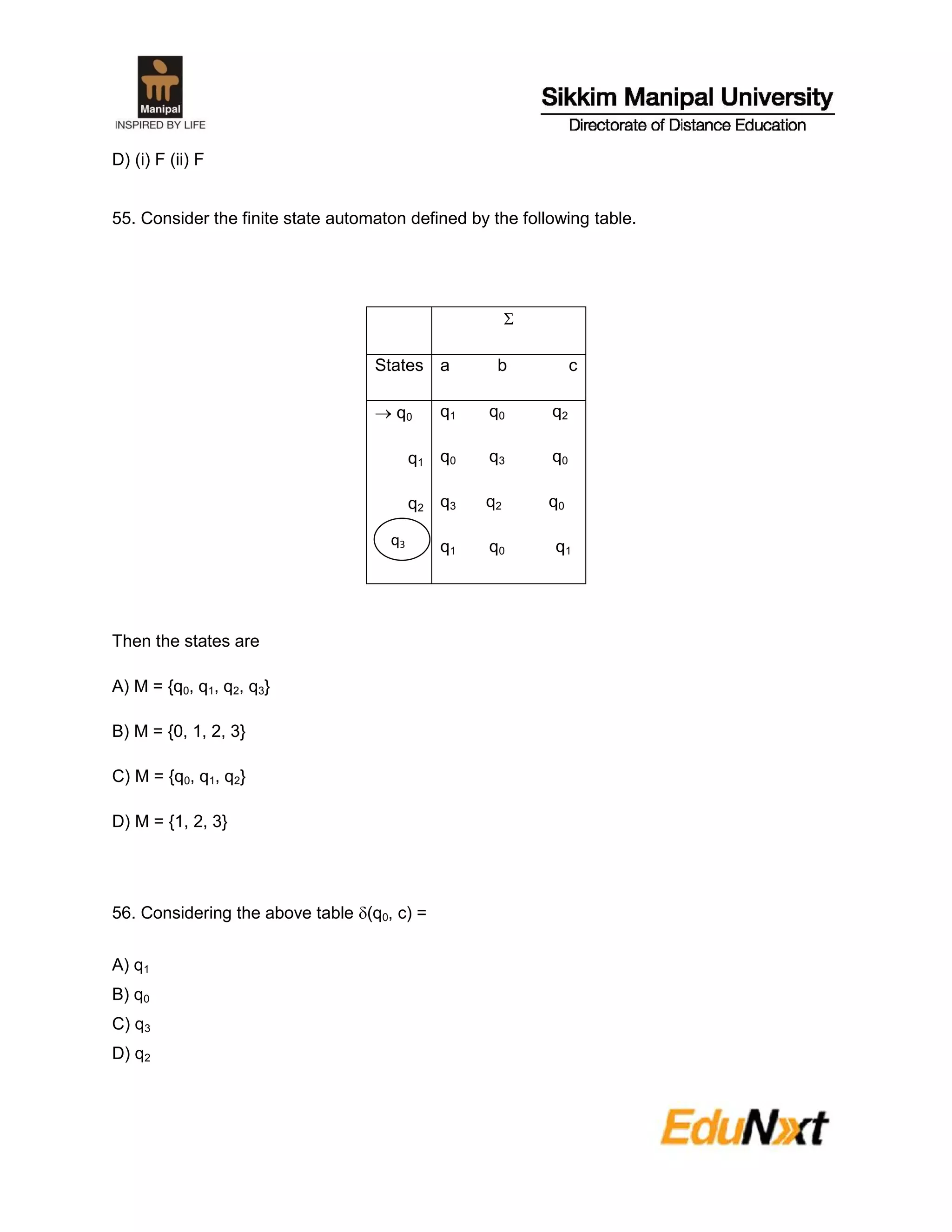 D) (i) F (ii) F
55. Consider the finite state automaton defined by the following table.

States a b c
 q0
q1
q2
q1 q0 q2
q0 q3 q0
q3 q2 q0
q1 q0 q1
Then the states are
A) M = {q0, q1, q2, q3}
B) M = {0, 1, 2, 3}
C) M = {q0, q1, q2}
D) M = {1, 2, 3}
56. Considering the above table (q0, c) =
A) q1
B) q0
C) q3
D) q2
q3
 