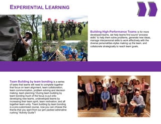 EXPERIENTIAL LEARNING
Building High-Performance Teams is for more
developed teams, we help teams find sound “process
skills” to help them solve problems, generate new ideas,
manage interpersonal skills to work effectively with the
diverse personalities styles making up the team, and
collaborate strategically to reach team goals.
Team Building by team bonding is a series
of tasks that teams will need to complete together
that focus on team alignment, team collaboration,
team communication, problem solving and decision
making, team planning.! During team building by
team bonding much of the focus is put onto
developing new teams, undeveloped teams by
increasing their team spirit, team motivation, and all
together team unity. Team building by team bonding
is a pre-customized course, now you can choose the
theme that you want from our jam packed adrenaline
rushing “Activity Guide”!
 