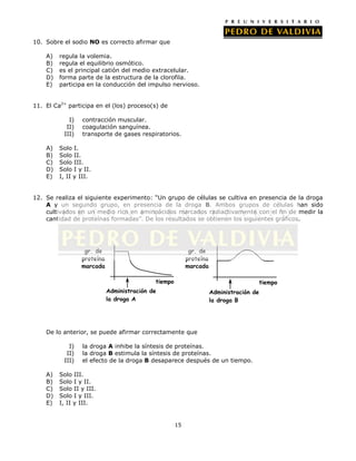 10. Sobre el sodio NO es correcto afirmar que
A)
B)
C)
D)
E)

regula la volemia.
regula el equilibrio osmótico.
es el principal catión del medio extracelular.
forma parte de la estructura de la clorofila.
participa en la conducción del impulso nervioso.

11. El Ca2+ participa en el (los) proceso(s) de
I)
II)
III)
A)
B)
C)
D)
E)

contracción muscular.
coagulación sanguínea.
transporte de gases respiratorios.

Solo I.
Solo II.
Solo III.
Solo I y II.
I, II y III.

12. Se realiza el siguiente experimento: “Un grupo de células se cultiva en presencia de la droga
A y un segundo grupo, en presencia de la droga B. Ambos grupos de células han sido
cultivados en un medio rico en aminoácidos marcados radiactivamente con el fin de medir la
cantidad de proteínas formadas”. De los resultados se obtienen los siguientes gráficos.

gr. de
proteína
marcada

gr. de
proteína
marcada
tiempo

tiempo

Administración de
la droga A

Administración de
la droga B

De lo anterior, se puede afirmar correctamente que
I)
II)
III)
A)
B)
C)
D)
E)

la droga A inhibe la síntesis de proteínas.
la droga B estimula la síntesis de proteínas.
el efecto de la droga B desaparece después de un tiempo.

Solo III.
Solo I y II.
Solo II y III.
Solo I y III.
I, II y III.

15

 
