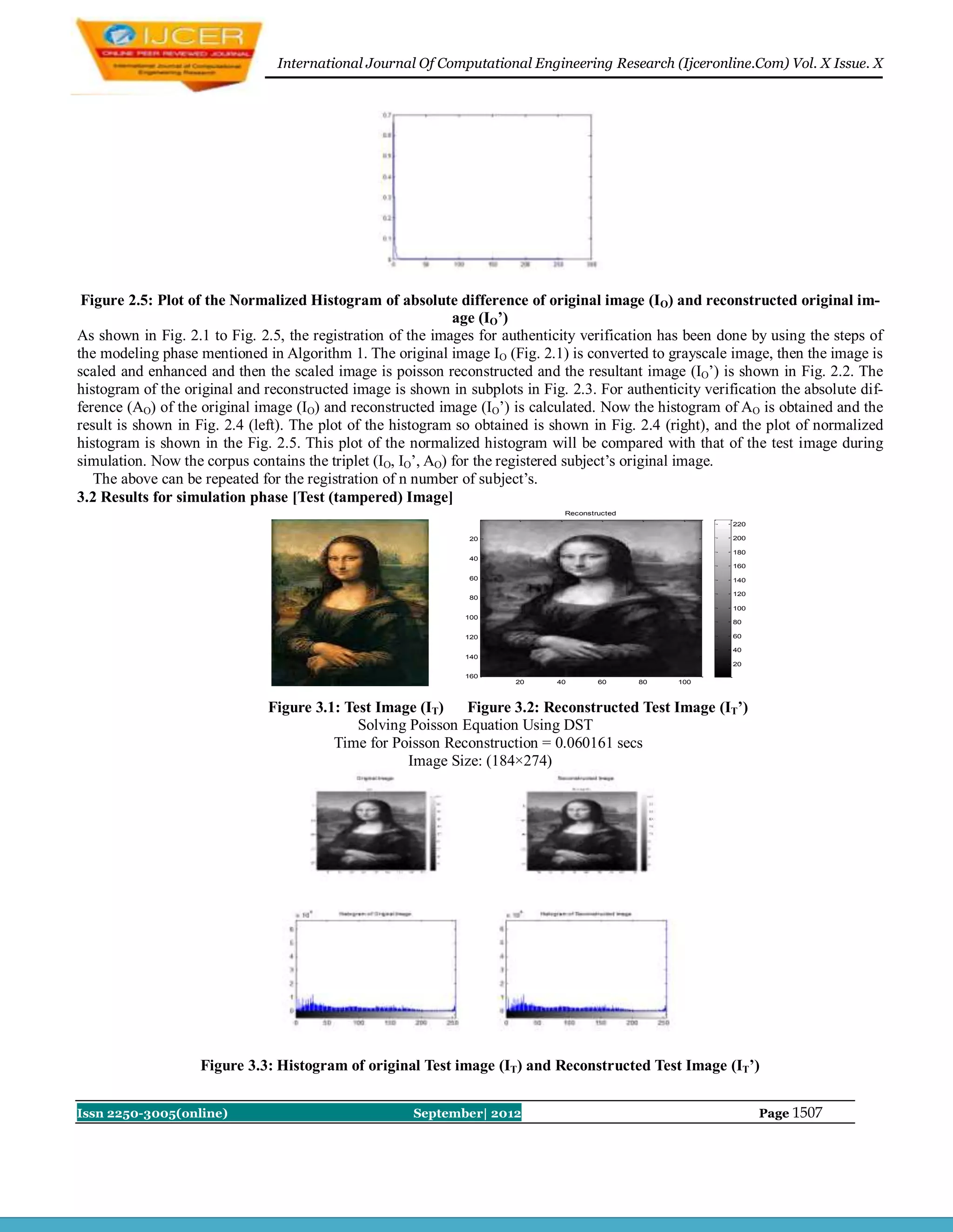 International Journal Of Computational Engineering Research (Ijceronline.Com) Vol. X Issue. X




 Figure 2.5: Plot of the Normalized Histogram of absolute difference of original image (IO) and reconstructed original im-
                                                              age (IO’)
As shown in Fig. 2.1 to Fig. 2.5, the registration of the images for authenticity verification has been done by using the steps of
the modeling phase mentioned in Algorithm 1. The original image IO (Fig. 2.1) is converted to grayscale image, then the image is
scaled and enhanced and then the scaled image is poisson reconstructed and the resultant image (IO’) is shown in Fig. 2.2. The
histogram of the original and reconstructed image is shown in subplots in Fig. 2.3. For authenticity verification the absolute dif-
ference (AO) of the original image (IO) and reconstructed image (IO’) is calculated. Now the histogram of AO is obtained and the
result is shown in Fig. 2.4 (left). The plot of the histogram so obtained is shown in Fig. 2.4 (right), and the plot of normalized
histogram is shown in the Fig. 2.5. This plot of the normalized histogram will be compared with that of the test image during
simulation. Now the corpus contains the triplet (IO, IO’, AO) for the registered subject’s original image.
   The above can be repeated for the registration of n number of subject’s.
3.2 Results for simulation phase [Test (tampered) Image]
                                                                               Reconstructed
                                                                                                          220

                                                               20                                         200

                                                                                                          180
                                                               40
                                                                                                          160

                                                               60                                         140

                                                                                                          120
                                                               80
                                                                                                          100
                                                               100
                                                                                                          80

                                                               120                                        60

                                                                                                          40
                                                               140
                                                                                                          20

                                                               160
                                                                       20    40        60      80   100



                               Figure 3.1: Test Image (IT)    Figure 3.2: Reconstructed Test Image (IT’)
                                             Solving Poisson Equation Using DST
                                         Time for Poisson Reconstruction = 0.060161 secs
                                                     Image Size: (184×274)




                    Figure 3.3: Histogram of original Test image (IT) and Reconstructed Test Image (IT’)


Issn 2250-3005(online)                                September| 2012                                           Page 1507
 