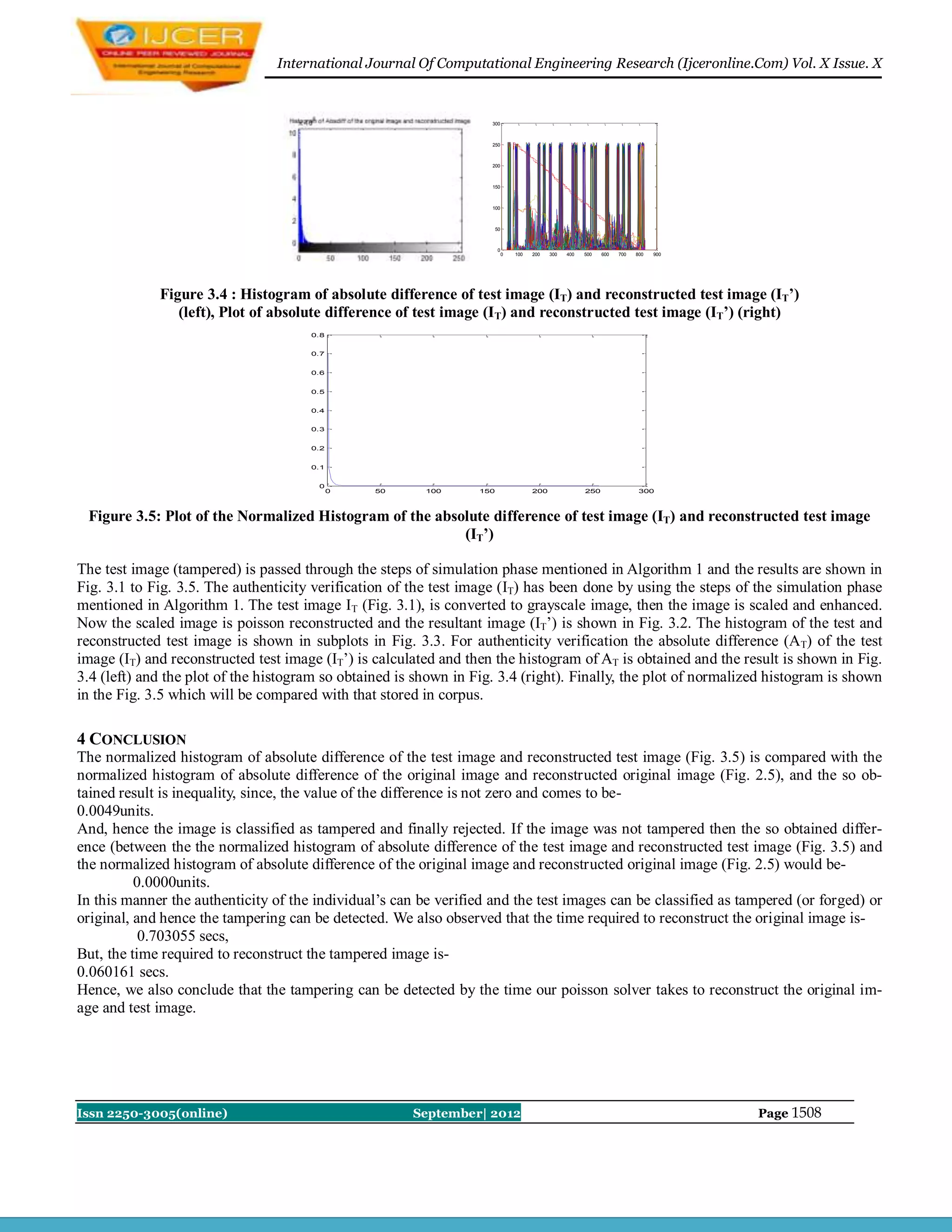 International Journal Of Computational Engineering Research (Ijceronline.Com) Vol. X Issue. X



                                                                    300



                                                                    250



                                                                    200



                                                                    150



                                                                    100



                                                                        50



                                                                        0
                                                                             0   100   200   300   400   500   600   700   800   900




             Figure 3.4 : Histogram of absolute difference of test image (IT) and reconstructed test image (IT’)
                (left), Plot of absolute difference of test image (IT) and reconstructed test image (IT’) (right)
                                      0.8


                                      0.7


                                      0.6


                                      0.5


                                      0.4


                                      0.3


                                      0.2


                                      0.1


                                        0
                                            0    50      100      150                  200               250                300



 Figure 3.5: Plot of the Normalized Histogram of the absolute difference of test image (IT) and reconstructed test image
                                                         (IT’)

The test image (tampered) is passed through the steps of simulation phase mentioned in Algorithm 1 and the results are shown in
Fig. 3.1 to Fig. 3.5. The authenticity verification of the test image (IT) has been done by using the steps of the simulation phase
mentioned in Algorithm 1. The test image IT (Fig. 3.1), is converted to grayscale image, then the image is scaled and enhanced.
Now the scaled image is poisson reconstructed and the resultant image (IT’) is shown in Fig. 3.2. The histogram of the test and
reconstructed test image is shown in subplots in Fig. 3.3. For authenticity verification the absolute difference (AT) of the test
image (IT) and reconstructed test image (IT’) is calculated and then the histogram of AT is obtained and the result is shown in Fig.
3.4 (left) and the plot of the histogram so obtained is shown in Fig. 3.4 (right). Finally, the plot of normalized histogram is shown
in the Fig. 3.5 which will be compared with that stored in corpus.

4 CONCLUSION
The normalized histogram of absolute difference of the test image and reconstructed test image (Fig. 3.5) is compared with the
normalized histogram of absolute difference of the original image and reconstructed original image (Fig. 2.5), and the so ob-
tained result is inequality, since, the value of the difference is not zero and comes to be-
0.0049units.
And, hence the image is classified as tampered and finally rejected. If the image was not tampered then the so obtained differ-
ence (between the the normalized histogram of absolute difference of the test image and reconstructed test image (Fig. 3.5) and
the normalized histogram of absolute difference of the original image and reconstructed original image (Fig. 2.5) would be-
          0.0000units.
In this manner the authenticity of the individual’s can be verified and the test images can be classified as tampered (or forged) or
original, and hence the tampering can be detected. We also observed that the time required to reconstruct the original image is-
           0.703055 secs,
But, the time required to reconstruct the tampered image is-
0.060161 secs.
Hence, we also conclude that the tampering can be detected by the time our poisson solver takes to reconstruct the original im-
age and test image.




Issn 2250-3005(online)                                 September| 2012                                                                 Page 1508
 
