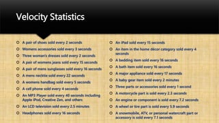 Velocity Statistics
 A pair of shoes sold every 2 seconds
 Womens accessories sold every 3 seconds
 Three woman's dresses sold every 2 seconds
 A pair of womens jeans sold every 15 seconds
 A pair of mens sunglasses sold every 16 seconds
 A mens necktie sold every 22 seconds
 A womens handbag sold every 5 seconds
 A cell phone sold every 4 seconds
 An MP3 Player sold every 40 seconds including
Apple iPod, Creative Zen, and others
 An LCD television sold every 2.5 minutes
 Headphones sold every 16 seconds
 An iPad sold every 15 seconds
 An item in the home décor category sold every 4
seconds
 A bedding item sold every 16 seconds
 A bath item sold every 16 seconds
 A major appliance sold every 17 seconds
 A baby gear item sold every 2 minutes
 Three parts or accessories sold every 1 second
 A motorcycle part is sold every 2.3 seconds
 An engine or component is sold every 7.2 seconds
 A wheel or tire part is sold every 5.9 seconds
 A snowmobile, ATV, or personal watercraft part or
accessory is sold every 7.1 seconds
 