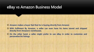 eBay vs Amazon Business Model
 Amazon makes a buyer feel that he is buying directly from Amazon
 With fulfilment By Amazon, a seller can even have his items stored and shipped
directly from Amazon’s warehouses.
 On the other hand, a seller might prefer to use eBay in order to customize and
personalize his listings.
 