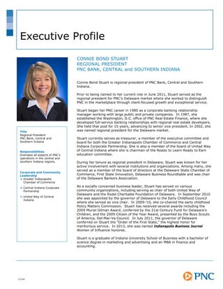 Executive Profile
Title
Regional President
PNC Bank, Central and
Southern Indiana
Responsibilities
Oversees all aspects of PNC’s
operations in the central and
southern Indiana regions.
Corporate and Community
Leadership
> Greater Indianapolis
Chamber of Commerce
> Central Indiana Corporate
Partnership
> United Way of Central
Indiana
CONNIE BOND STUART
REGIONAL PRESIDENT
PNC BANK, CENTRAL and SOUTHERN INDIANA
Connie Bond Stuart is regional president of PNC Bank, Central and Southern
Indiana.
Prior to being named to her current role in June 2011, Stuart served as the
regional president for PNC’s Delaware market where she worked to distinguish
PNC in the marketplace through client-focused growth and exceptional service.
Stuart began her PNC career in 1980 as a corporate banking relationship
manager working with large public and private companies. In 1987, she
established the Washington, D.C. office of PNC Real Estate Finance, where she
developed full-service banking relationships with regional real estate developers.
She held that post for 15 years, advancing to senior vice president. In 2002, she
was named regional president for the Delaware market.
Stuart currently serves as treasurer, a member of the executive committee and
board for both the Greater Indianapolis Chamber of Commerce and Central
Indiana Corporate Partnership. She is also a member of the board of United Way
of Central Indiana where she is chairman of the Ready to Learn Ready to Earn
education committee.
During her tenure as regional president in Delaware, Stuart was known for her
active involvement with several institutions and organizations. Among many, she
served as a member of the board of directors at the Delaware State Chamber of
Commerce, First State Innovation, Delaware Business Roundtable and was chair
of the Delaware Bankers Association.
As a socially concerned business leader, Stuart has served on various
community organizations, including serving as chair of both United Way of
Delaware and the Rodel Charitable Foundation of Delaware. In September 2010
she was appointed by the governor of Delaware to the Early Childhood Council
where she served as vice chair. In 2009-’10, she co-chaired the early childhood
Policy Matters Commission. Stuart has received several awards including the
2009 Muriel Gilman Award, conferred by the 21st Century Fund for Delaware’s
Children, and the 2009 Citizen of the Year Award, presented by the Boys Scouts
of America, Del-Mar-Va Council. In July 2011, the governor of Delaware
conferred on Stuart the "Order of the First State," the highest honor for
meritorious service. In 2013, she was named Indianapolis Business Journal
Women of Influence honoree.
Stuart is a graduate of Indiana University School of Business with a bachelor of
science degree in marketing and advertising and an MBA in finance and
accounting.
11/14
 