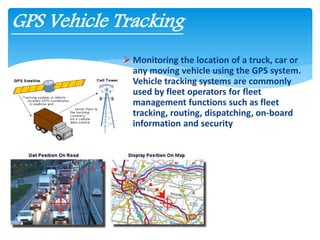  Monitoring the location of a truck, car or
any moving vehicle using the GPS system.
Vehicle tracking systems are commonly
used by fleet operators for fleet
management functions such as fleet
tracking, routing, dispatching, on-board
information and security
GPS Vehicle Tracking
 