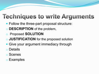  Follow the three-part proposal structure:
o DESCRIPTION of the problem,
o Proposed SOLUTION
o JUSTIFICATION for the proposed solution
 Give your argument immediacy through
o Details
o Scenes
o Examples
 