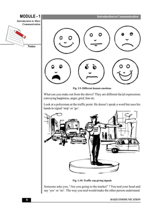 MODULE - 1                                                         Introduction to Communication
Introduction to Mass
     Communication




         Notes




                                              Fig. 1.9: Different human emotions

                       What can you make out from the above? They are different facial expressions
                       conveying happiness, anger, grief, fear etc.
                       Look at a policeman at the traffic point. He doesn’t speak a word but uses his
                       hands to signal ‘stop’ or ‘go’.




                                              Fig. 1.10: Traffic cop giving signals

                       Someone asks you, “Are you going to the market” ? You nod your head and
                       say ‘yes’ or ‘no’. The way you nod would make the other person understand.

       8                                                                         MASS COMMUNICATION
 