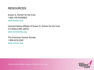 RESOURCES Susan G. Komen for the Cure 1.800. I’M AWARE® www.komen.org Central Indiana Affiliate of Susan G. Komen for the Cure 317-638-CURE (2873) www.komenindy.org The American Cancer Society 1.800.ACS.2345 www.cancer.org 