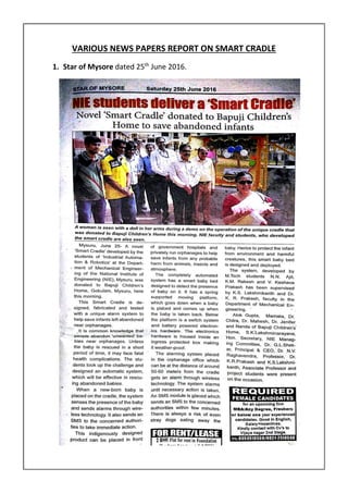 VARIOUS NEWS PAPERS REPORT ON SMART CRADLE
1. Star of Mysore dated 25th
June 2016.
 
