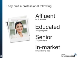 They built a professional following


                      Affluent
                      44% $100K+




                ...