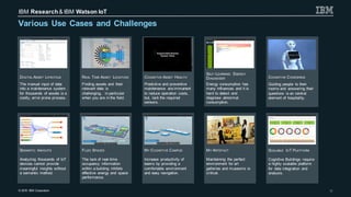 © 2016 IBM Corporation
IBM Research& IBM Watson IoT
10
Various Use Cases and Challenges
DIGITAL ASSET LIFECYCLE
The manual input of data
into a maintenance system
for thousands of assets is a
costly, error prone process.
SEMANTIC INSIGHTS
Analyzing thousands of IoT
devices cannot provide
meaningful insights without
a semantic method.
FLUID SPACES
The lack of real-time
occupancy information
within a building inhibits
effective energy and space
performance.
MY COGNITIVE CAMPUS
Increase productivity of
teams by providing a
comfortable environment
and easy navigation.
MY ARTEFACT
Maintaining the perfect
environment for art
galleries and museums is
critical.
REAL TIME ASSET LOCATION
Finding assets and their
relevant data is
challenging, in particular
when you are in the field.
SELF-LEARNING ENERGY
DIAGNOSER
Energy consumption has
many influences and it is
hard to detect and
diagnose abnormal
consumption.
COGNITIVE ASSET HEALTH
Predictive and preventive
maintenance are immanent
to reduce operation costs,
but, lack the required
sensors.
SCALABLE IOT PLATFORM
Cognitive Buildings require
a highly scalable platform
for data integration and
analysis.
COGNITIVE CONCIERGE
Guiding people to their
rooms and answering their
questions is an central
element of hospitality.
 
