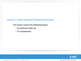 Copyright © 2013 EMC Corporation. All Rights Reserved.
This lesson covers the following topics:
• FC protocol make-up
• FC components
Lesson 1: Fibre Channel Protocol Overview
Fibre Channel and FCoE Technology 3
 