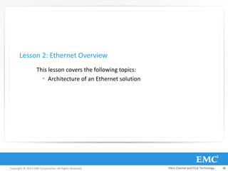 Copyright © 2013 EMC Corporation. All Rights Reserved.
This lesson covers the following topics:
• Architecture of an Ethernet solution
Lesson 2: Ethernet Overview
Fibre Channel and FCoE Technology 36
 