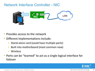 Copyright © 2013 EMC Corporation. All Rights Reserved.
Network Interface Controller - NIC
• Provides access to the network
• Different implementations include:
 Stand-alone card (could have multiple ports)
 Built into motherboard (most common now)
 Wireless
• Ports can be “teamed” to act as a single logical interface for
failover
NIC LAN
Fibre Channel and FCoE Technology 49
 