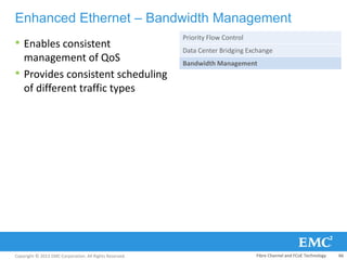 Copyright © 2013 EMC Corporation. All Rights Reserved.
Enhanced Ethernet – Bandwidth Management
• Enables consistent
management of QoS
• Provides consistent scheduling
of different traffic types
Priority Flow Control
Data Center Bridging Exchange
Bandwidth Management
Fibre Channel and FCoE Technology 66
 