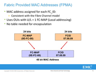 Copyright © 2013 EMC Corporation. All Rights Reserved.
Fabric Provided MAC Addresses (FPMA)
• MAC address assigned for each FC_ID:
 Consistent with the Fibre Channel model
• Uses OUIs with U/L = 1 FC-MAP (Local addressing)
• No table needed for encapsulation
FC-MAP
(0E-FC-00)
FCID
07.08.09
24 bits 24 bits
48 bit MAC Address
FC-MAP
(0E-FC-00)
FCID
07.08.09
Fibre Channel and FCoE Technology 71
 