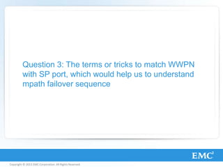 Copyright © 2013 EMC Corporation. All Rights Reserved.
Question 3: The terms or tricks to match WWPN
with SP port, which would help us to understand
mpath failover sequence
 