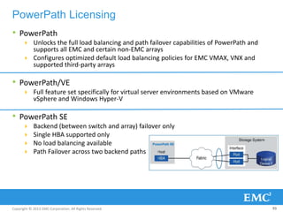 Copyright © 2013 EMC Corporation. All Rights Reserved.
PowerPath Licensing
• PowerPath
 Unlocks the full load balancing and path failover capabilities of PowerPath and
supports all EMC and certain non-EMC arrays
 Configures optimized default load balancing policies for EMC VMAX, VNX and
supported third-party arrays
• PowerPath/VE
 Full feature set specifically for virtual server environments based on VMware
vSphere and Windows Hyper-V
• PowerPath SE
 Backend (between switch and array) failover only
 Single HBA supported only
 No load balancing available
 Path Failover across two backend paths
93
PowerPath SE
 