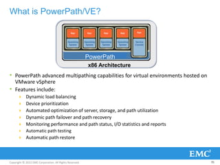 Copyright © 2013 EMC Corporation. All Rights Reserved.
What is PowerPath/VE?
• PowerPath advanced multipathing capabilities for virtual environments hosted on
VMware vSphere
• Features include:
 Dynamic load balancing
 Device prioritization
 Automated optimization of server, storage, and path utilization
 Dynamic path failover and path recovery
 Monitoring performance and path status, I/O statistics and reports
 Automatic path testing
 Automatic path restore
95
x86 Architecture
PowerPath
 